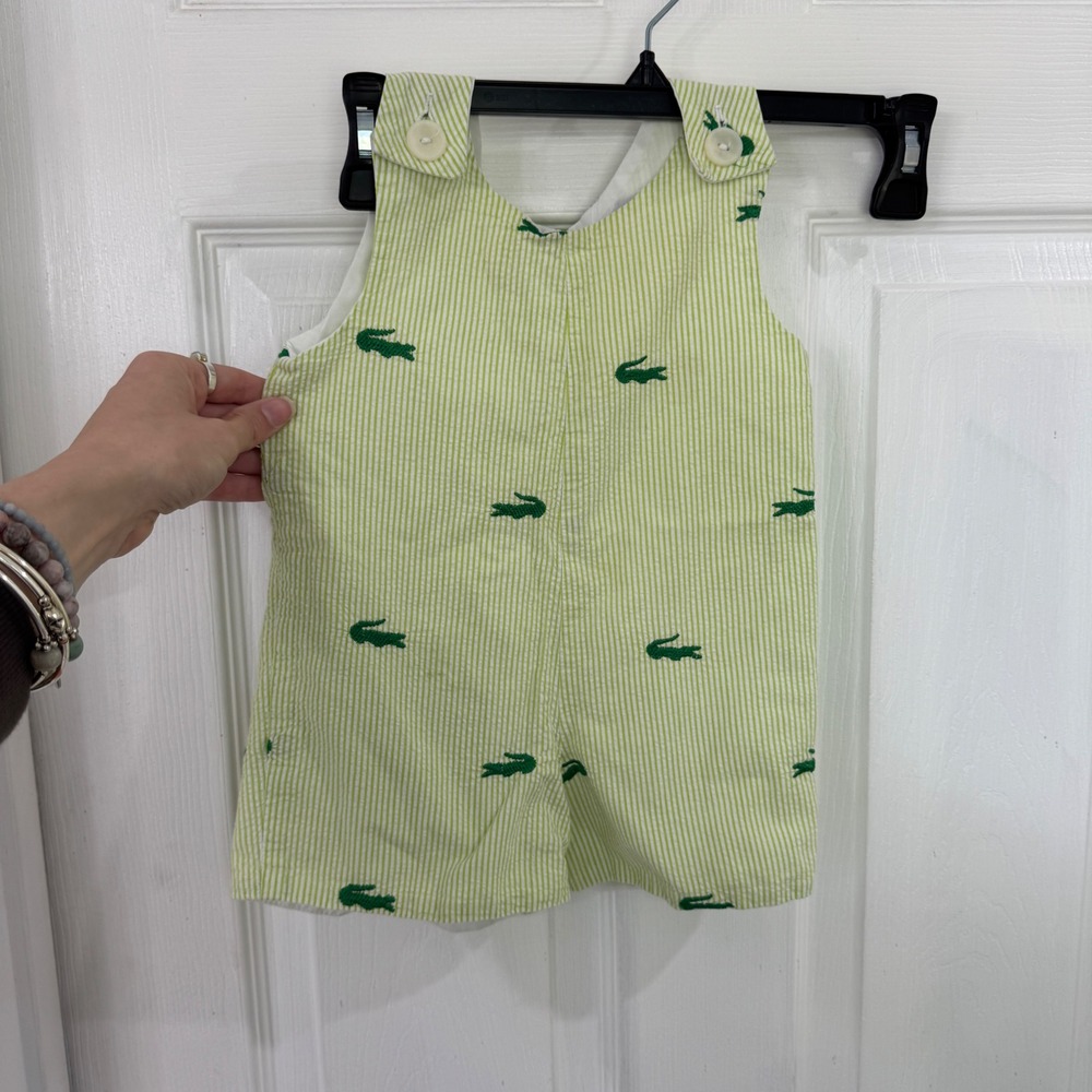 Smock-a-Dot Kids Green Seersucker Alligator Embroidered Jon Jon Romper‎ 12M